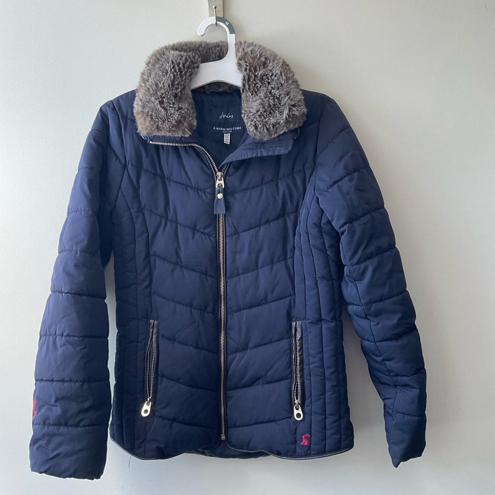 Joules Navy Padded Coat with Faux Fur Collar